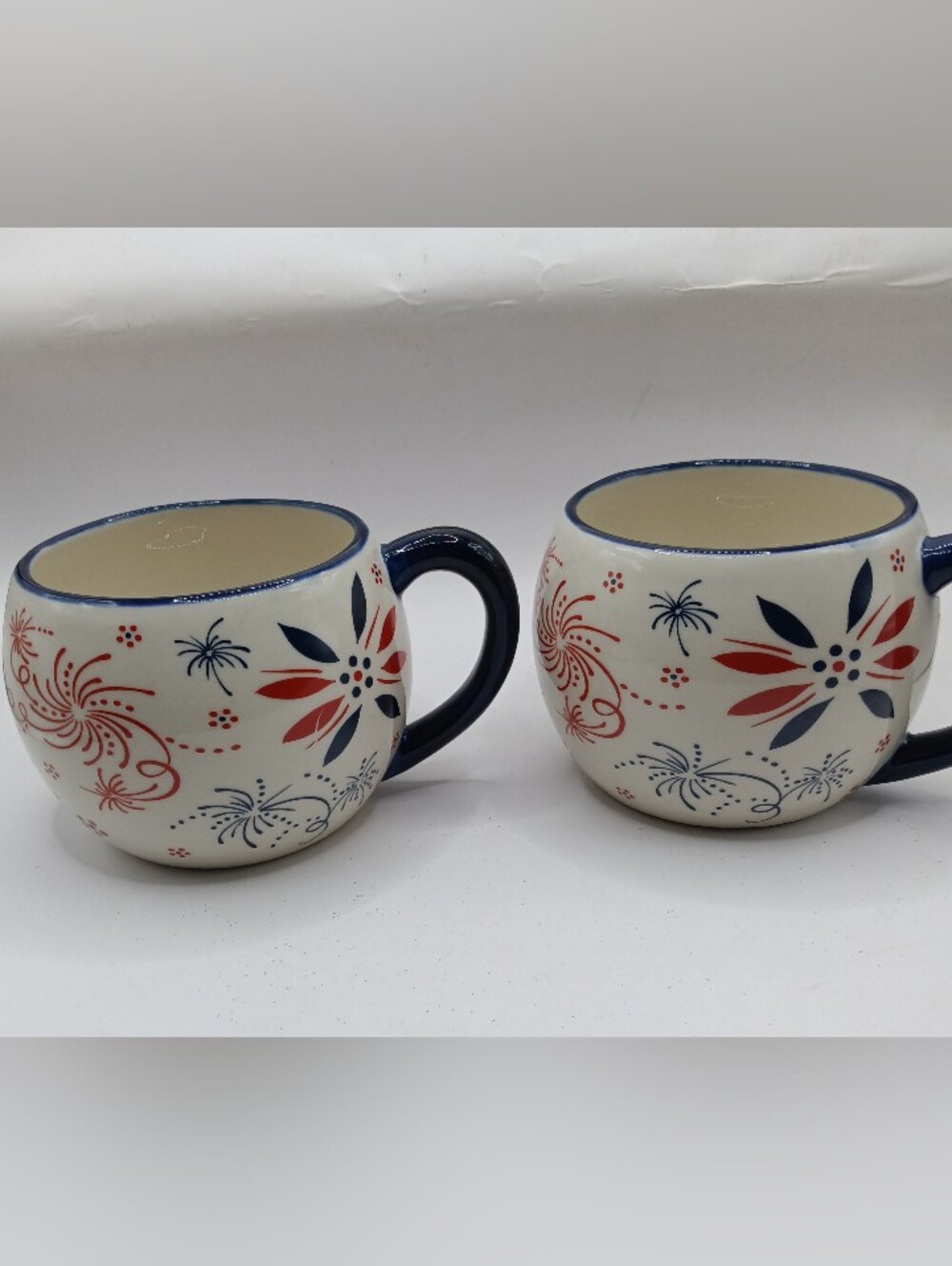 Temptations Old World Red White Blue Coffee Mugs Patriotic Floral Set Of 2